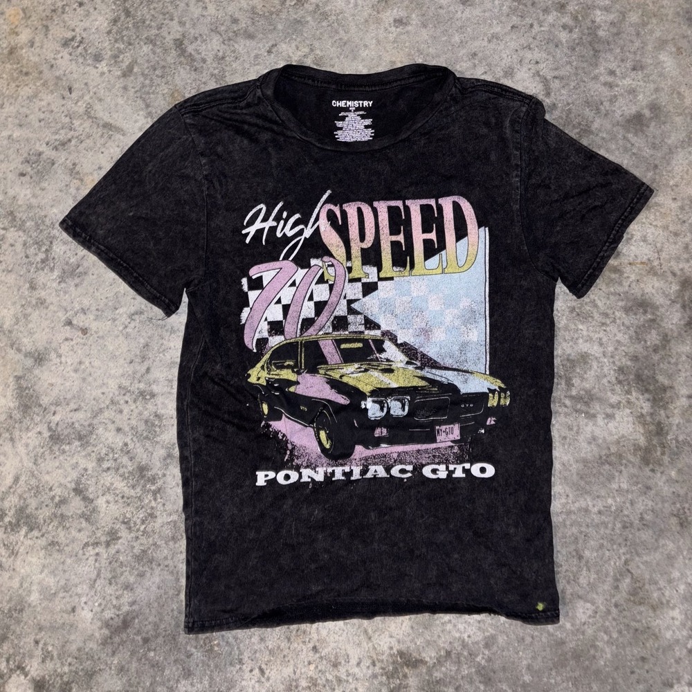 Chemistry T-Shirt Mens Small Black Acid Wash Pontiac GTO High Speed 70 Graphic